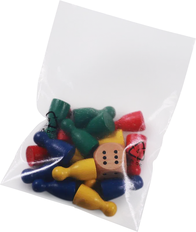 DEBABAG-PCR_Spielfiguren Sachet plat DEBABAG® PCR polyvalent de Debatin, rempli de jouets, illustrant une utilisation flexible pour divers produits.