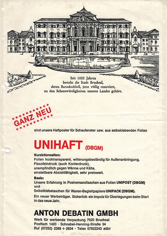 1976 Debatin UNIHAFT Poster adhésif pour vitrines de magasins