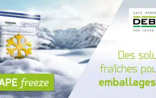 Header: Pochette de sécurité DEBATAPE freeze avec symbole de flocon de neige devant un paysage montagneux hivernal. Blog sur « Des solutions cool pour un emballage sécurisé ».
