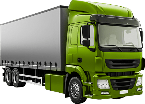 Un camion vert avec une semi-remorque grise bâchée, représenté de biais de face. Cette image symbolise l’enlèvement de boîtes de collecte remplies par une entreprise de logistique pour le transport vers le site recyclage.