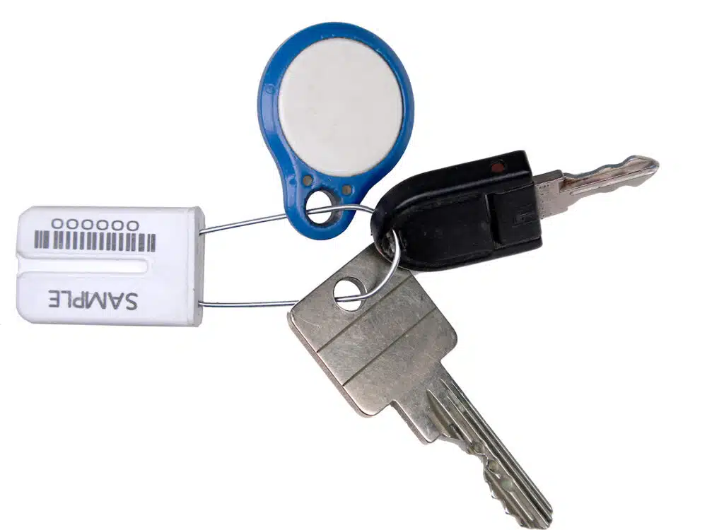 Porte-clés avec scellé de clé DEBASEAL® blanc, deux clés et badge RFID bleu sur fond blanc.