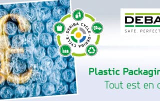 En-tête de blog avec du film à bulles et un symbole Euro doré, à côté du logo DEBATIN, un diagramme circulaire du Deriba Cycle et le texte « Plastic Packaging Tax : Tout est en ordre ! »